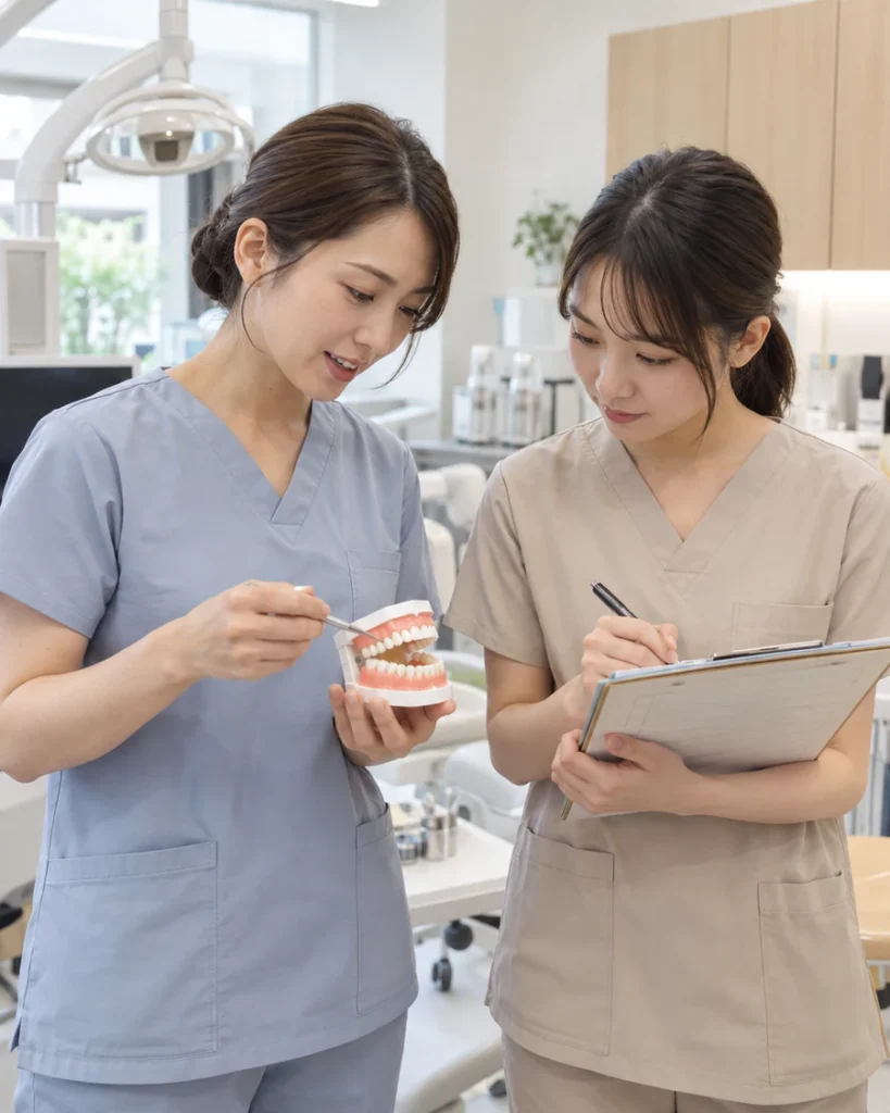 歯科医院でスタッフが歯の模型と資料を確認するイメージ画像