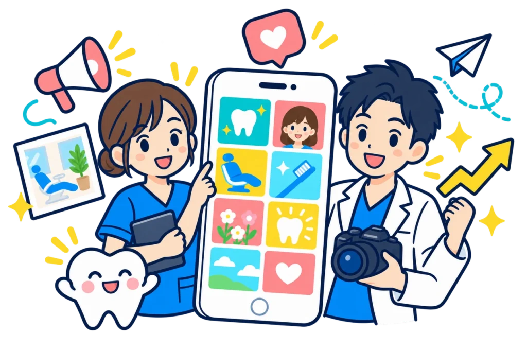歯科医院のスタッフとSNS投稿を表現したイラスト
